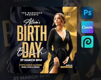 Puede incluir: Gráfico promocional para "Alicia's Birthday Bash" con una mujer en un vestido negro. El texto es en oro y blanco, con la fecha, hora y lugar. Iconos de Photoshop, Canva y una aplicación de diseño a la derecha.