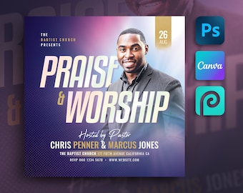 May include: A flyer for a Praise & Worship event hosted by Pastor Chris Penner & Marcus Jones at The Baptist Church on August 26th. The flyer features a photo of Pastor Chris Penner and the text "Praise & Worship" in a colorful, gradient font.