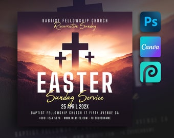 Flyer de l'église du dimanche de Pâques pour Canva et Photoshop. DIY Resurrection Flyer, Risen Flyer, Digital Church Service Flyer, Social Media, Instagram