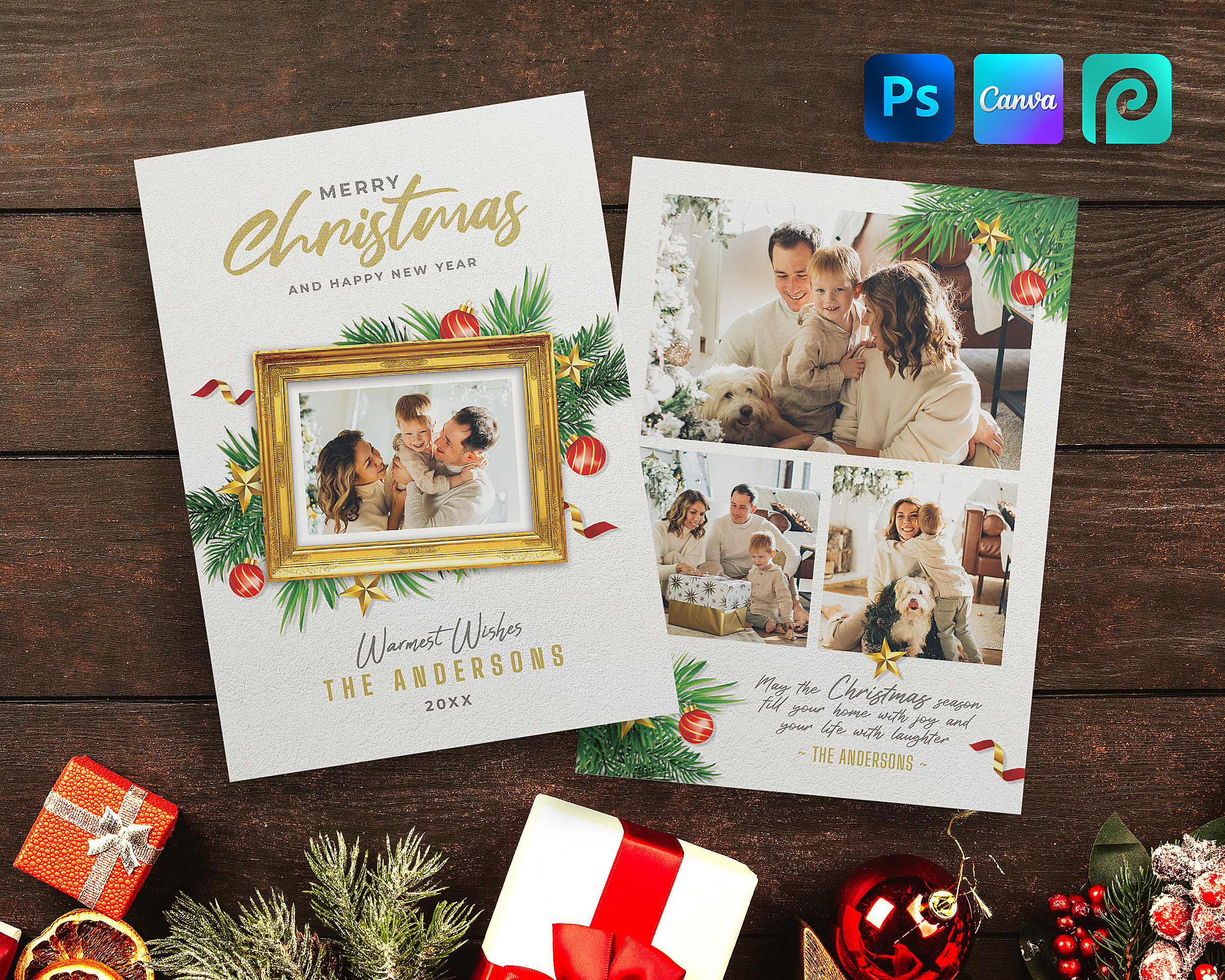 Christmas photo card template for Canva & Photoshop, DIY Christmas photo collage, Holiday card photo collage, Social Media, Instagram