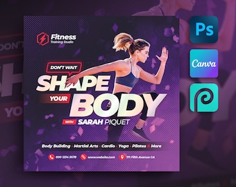 Editable Fitness Flyer Template For Canva, Photoshop, PhotoPea. DIY Gym Flyer for Print, Social Media, Instagram, Facebook