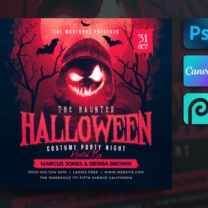 May include: A Halloween party flyer with a red and black color scheme. The flyer features a scary, red, cartoon-like face with a wide grin and glowing eyes. The text on the flyer reads "The Haunted Halloween Costume Party Night Hosted By Marcus Jones & Sierra Brown".