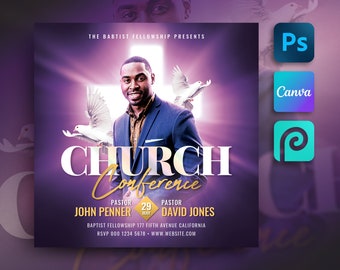 May include: A purple and gold flyer for a church conference. The flyer features a photo of a man in a suit and tie, with the words "Church Conference" in large, bold letters. The flyer also includes the names of the pastors, John Penner and David Jones, and the date of the conference, May 29th.