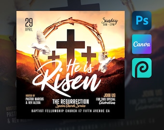 Flyer de l'église du dimanche de Pâques pour toile et Photoshop. Dépliant DIY Résurrection, Dépliant Ressuscité, Dépliant numérique pour le service religieux, Réseaux sociaux, Instagram