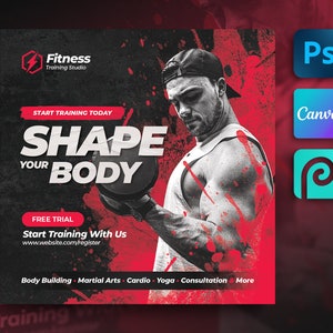 Könnte beinhalten: Eine schwarze und rote Fitnessstudio-Werbung mit einem muskulösen Mann, der Gewichte hebt. Der Text lautet "Start Training Today, Shape Your Body, Free Trial, Start Training With Us, www.website.com/register, Body Building, Martial Arts, Cardio, Yoga, Consultation, More".