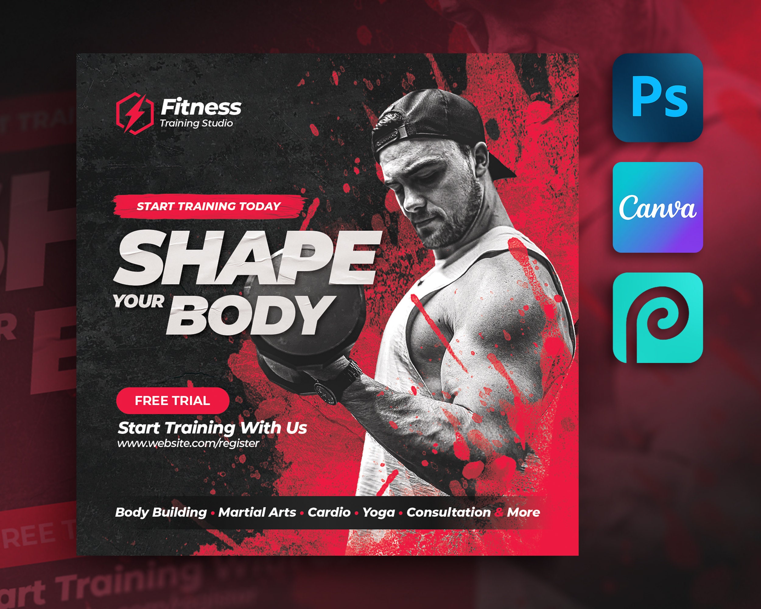 Editable Fitness Flyer Template For Canva, Photoshop, PhotoPea. DIY Gym Flyer for Print, Social Media, Instagram, Facebook