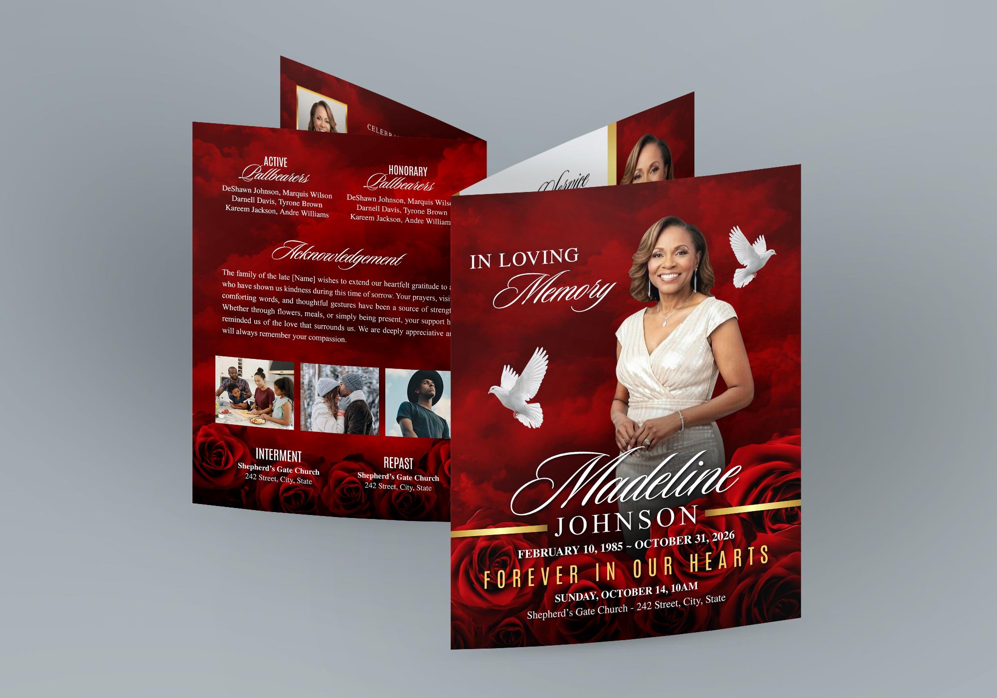 Red Funeral Program (8 Pages) in Loving Memory Obituary | Rose Memorial ...
