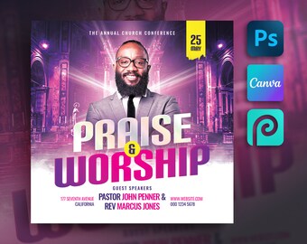 May include: A flyer for a church conference titled "Praise & Worship" with a purple and pink color scheme. The flyer features a photo of a man in a suit and tie, and the text "The Annual Church Conference", "25 May", "Guest Speakers", "Pastor John Penner & Rev Marcus Jones", "177 Seventh Avenue, California", "www.website.com", and "000 1234 5678".