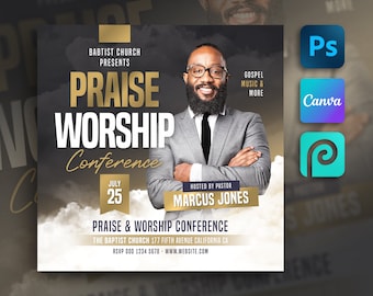 Church Flyer Template For Canva, Photoshop,  PhotoPea. DIY Church Service Flyer for Print, Social Media, Instagram, Facebook