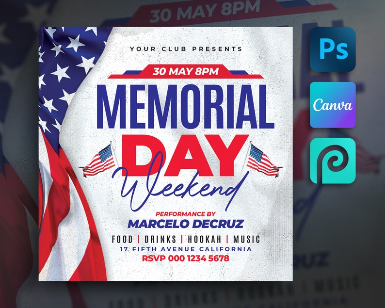 Memorial Day Party Flyer Template for Canva, Photoshop | DIY Veterans ...