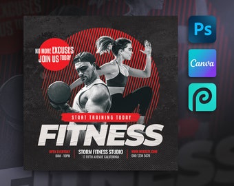 Editable Fitness Flyer Template For Canva, Photoshop, PhotoPea. DIY Gym Flyer for Print, Social Media, Instagram, Facebook