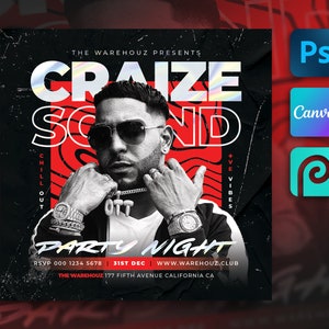 DJ Club Flyer Template For Canva, Photoshop, PhotoPea. DIY Event Flyer, Party Flyer, Club Party Invite for Social Media, Instagram, Facebook