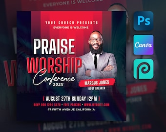 May include: A red and black flyer with the text "Praise Worship Conference 202X" and a photo of Marcus Jones, the host speaker. The flyer also includes the date and time of the event, August 27th, Sunday at 12pm, and the location, 17 Fifth Avenue California.