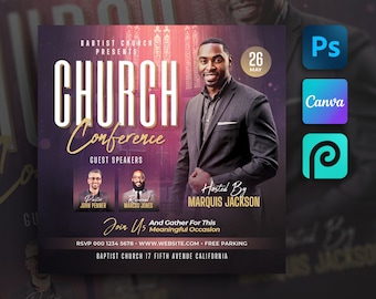 Plantilla de volante de iglesia para Canva y Photoshop. Folleto de conferencia de iglesia de bricolaje, folleto de servicio de iglesia, póster, redes sociales, Instagram, Facebook