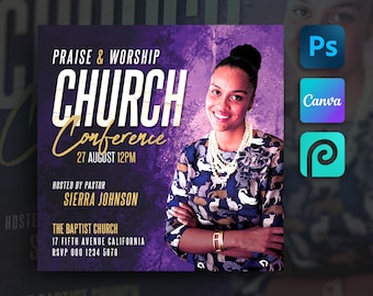 May include: Purple and gold flyer with a woman in a patterned shirt and a pearl necklace. The flyer advertises a church conference on August 27th at 12pm. The text reads "Praise & Worship Church Conference 27 August 12PM Hosted by Pastor Sierra Johnson The Baptist Church 17 Fifth Avenue California RSVP 000 1234 5678"