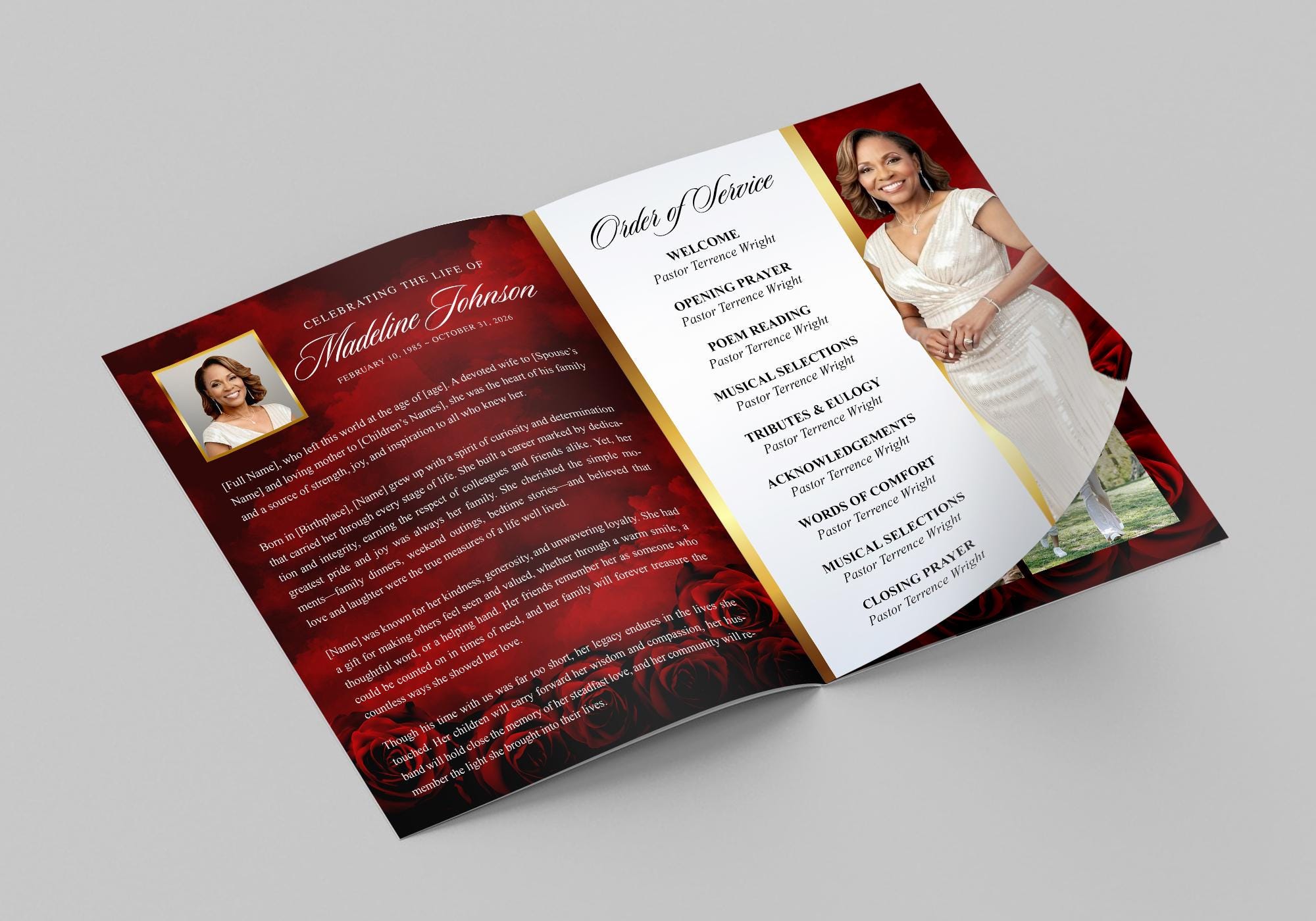 Red Funeral Program (8 Pages) in Loving Memory Obituary | Rose Memorial ...