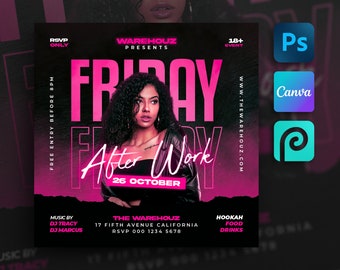 Plantilla de folleto de fiesta de club para Canva, Photoshop, folleto de evento de bricolaje, folleto de fiesta, invitación de fiesta de DJ de club para redes sociales, Instagram, Facebook