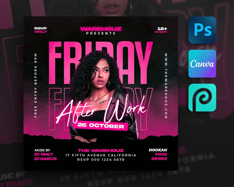 Puede incluir: Un folleto para un evento del viernes por la noche llamado "After Work" en The Warehouz. El folleto presenta a una mujer con cabello rizado que lleva una chaqueta de cuero negra. El evento es el 26 de octubre e incluye m&uacute;sica de DJ Tracy y DJ Marcus. El folleto tambi&eacute;n menciona hookah, comida y bebidas.