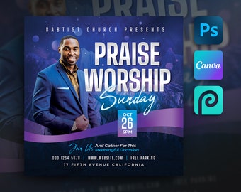May include: A flyer for a Praise and Worship Sunday service at a Baptist church. The flyer features a man in a blue suit against a purple and blue background with mountains and stars. The text on the flyer reads "Praise Worship Sunday" with the date "Oct 26" and time "5PM". The flyer also includes the church's phone number, website, and address.