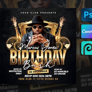 Birthday Flyer For Canva, Photoshop. Men Women Black & Gold Birthday Flyer, Club Flyer, DIY Party Invitation for Social Media, Instagram