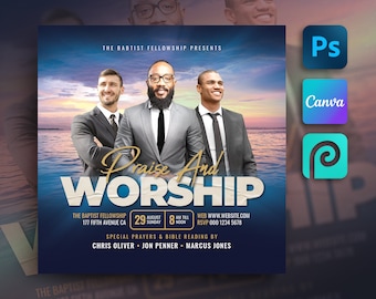 May include: A flyer for a Praise and Worship event at The Baptist Fellowship. The flyer features a sunset over a body of water, three men in suits, and the text "Praise and Worship" in a bold, stylized font. The event is scheduled for August 29th, from 8 AM to noon, at 177 Fifth Avenue. The flyer also includes the website and RSVP information.