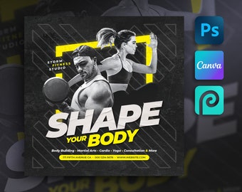 Editable Fitness Flyer Template For Canva, Photoshop, PhotoPea. DIY Gym Flyer for Print, Social Media, Instagram, Facebook