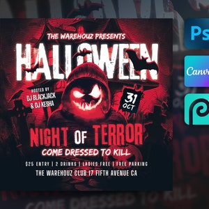 Halloween Flyer Template For Canva, Photoshop. DIY Scary Event Flyer, Costume Party, Spooky Invite for Social Media, Instagram, Facebook