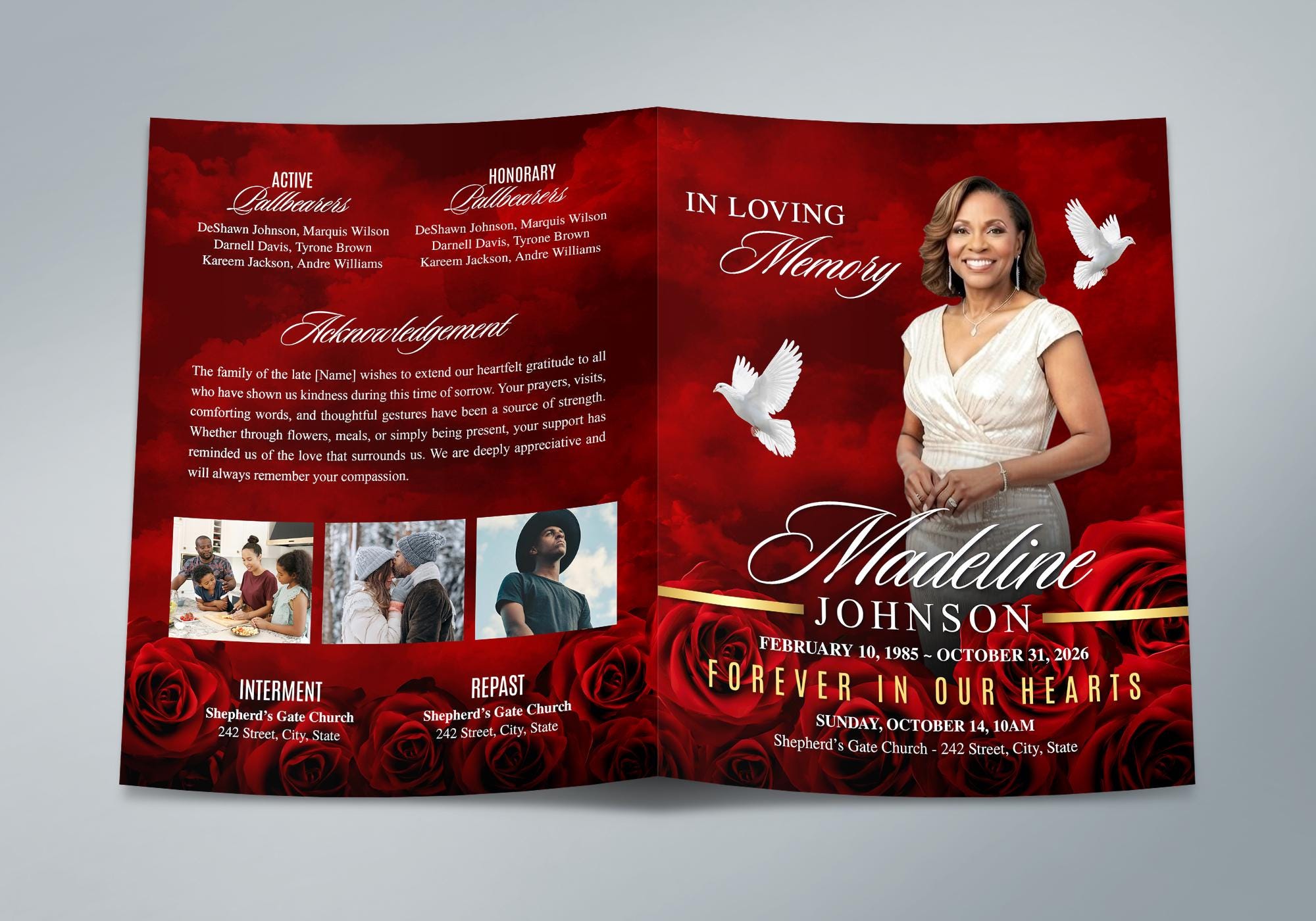 Red Funeral Program (8 Pages) in Loving Memory Obituary | Rose Memorial ...
