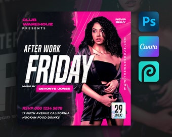 Club Party Flyer Template For Canva, Photoshop, DIY Event Flyer, DJ Party, Birthday Invite for Social Media, Instagram, Facebook