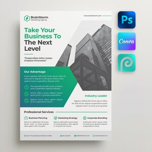 Szablon ulotki korporacyjnej dla Canva i Photoshop. Ulotka biznesowa DIY, ulotka korporacyjna, plakat na wydarzenie, ulotka, newsletter