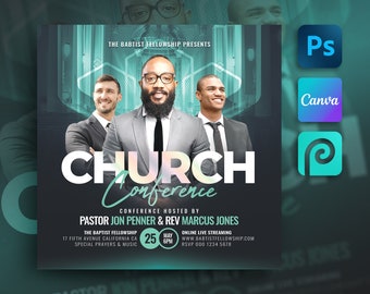 May include: A flyer for a church conference hosted by Pastor Jon Penner and Rev Marcus Jones. The flyer is blue and green with a picture of three men in suits. The text on the flyer reads "Church Conference" and includes the date, time, and location of the event.
