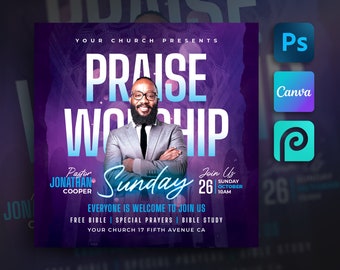 May include: A promotional graphic for a church event. The design features a man in a suit with the words "Praise Worship" in large white letters. The event is on Sunday, October 26th, at 10 AM. The graphic also includes the text "Everyone is welcome to join us."