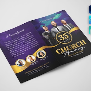 Programa de aniversario de la iglesia para Canva y Photoshop. Programa de reconocimiento al pastor, plantilla para programa de la iglesia, folleto plegable tamaño carta de EE. UU., 11 x 8,5