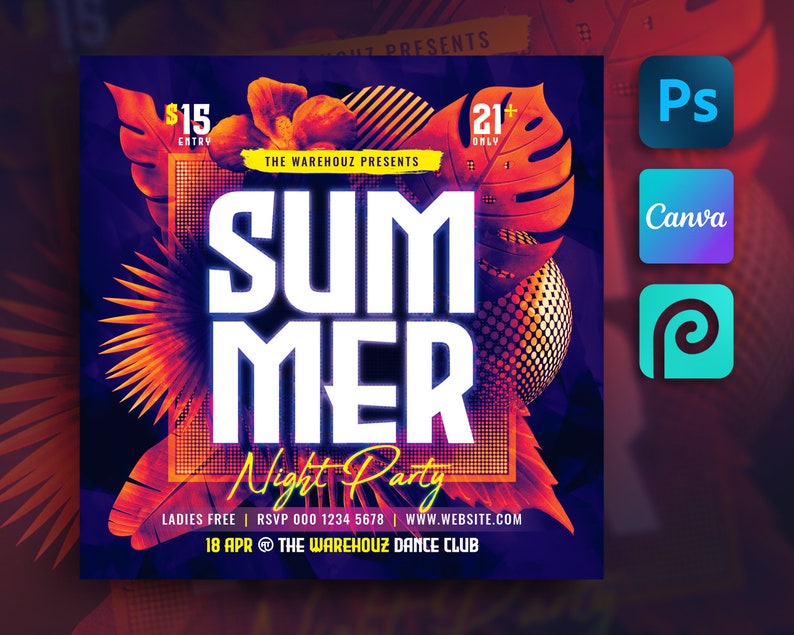 May include: A colorful flyer for a summer night party at The Warehouz Dance Club. The flyer features a tropical theme with palm leaves, a geometric pattern, and the text "Summer Night Party". The event is on April 18th and ladies get in free.