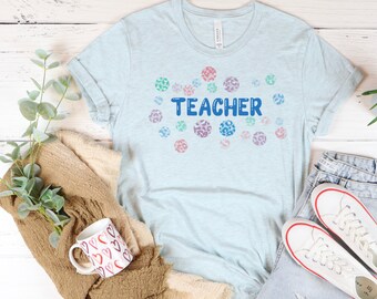 Teacher T-shirt with cheetah print spots, Teacher shirt with bubble print, BellaCanvas teacher shirt