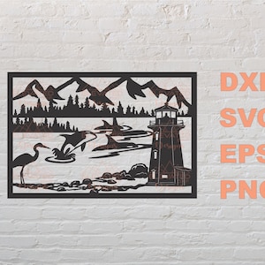May include: Black and white silhouette of a lighthouse, mountains, trees, a heron, and two orcas in the water. The image is framed in a square.