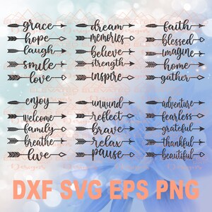 May include: A set of 20 printable arrow designs with inspirational words like "grace", "hope", "love", "dream", "memories", "believe", "strength", "inspire", "unwind", "reflect", "brave", "relax", "adventure", "fearless", "grateful", "thankful", "beautiful", "enjoy", "welcome", "family", "breathe", "live", "faith", "blessed", "imagine", "home", "gather", and "pause".