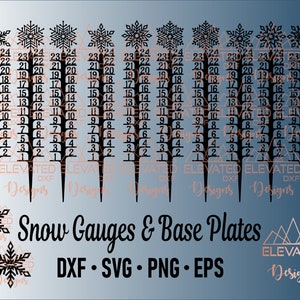 May include: A set of ten black snowflake snow gauges with numbers 1 to 24 printed on each gauge. The gauges are designed for measuring snowfall and are perfect for winter crafts and decorations. The image also includes the text "Snow Gauges & Base Plates" and "DXF - SVG - PNG - EPS".