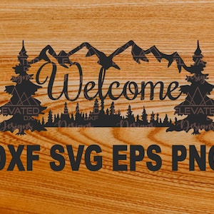 Benvenuto Mountain Scene DXF, Mountain and Tree Scene SVG, Mountain Scene Silhouette, CNC Cut Files, Idee di arredamento per esterni .. (Solo file digitali)