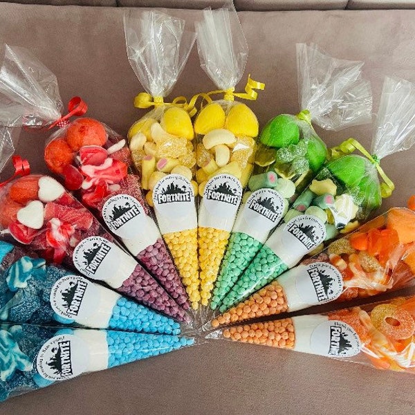 Pre-Filled Fornite Inspired Rainbow Sweet Cones - Unisex Children’s Party Bags, Birthday Gift,