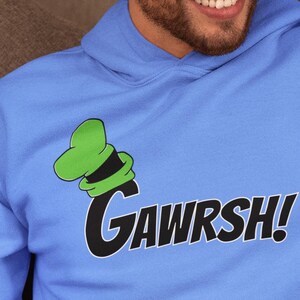 Fun Hoodie with "Gawrsh!" and Green Cartoon Hat Design, Perfect Gift for Animation Fans, Cozy and Stylish Hoodie for All Ages