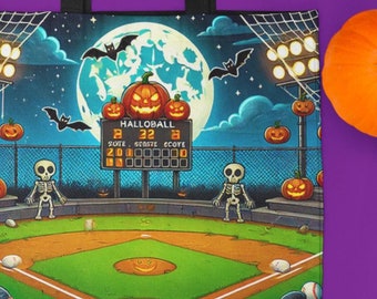 Bolsa de mano de calabaza de béisbol de Halloween, divertida y espeluznante obra de arte, perfecta para fanáticos de Halloween y amantes del béisbol, ideal para pedir dulces, 3 tamaños