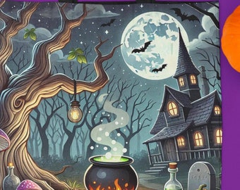 Bolsa de mano con diseño de caldero de bruja y luna para Halloween, con escena de bosque mágico, ideal para pociones y regalos de bruja para pedir dulces. 3 tamaños y 3 colores de asa.