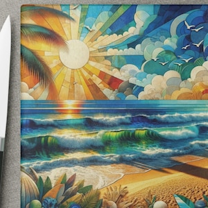 Beach Scene Glass Cutting Board for Beach Sun Surf Lovers | Brighten up your Kitchen | Gift for Friend Spouse Yourself | Artsy for Display