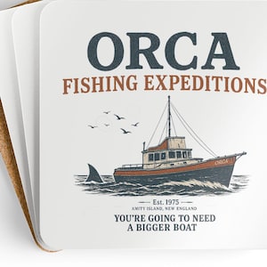 Orca Fishing Expeditions 50th Anniversary Coaster Set, Classic Movie Shark Boat Gift, Shark-Inspired Home Decor for Movie Buffs & Fans