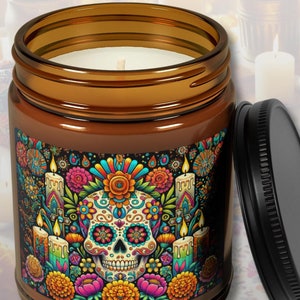 Dia de los Muertos Day of the Dead Candle- Vibrant Sugar Skull Art- Gift- Honor & Celebrate Tradition - Great Gift Idea, Display, Amber Jar