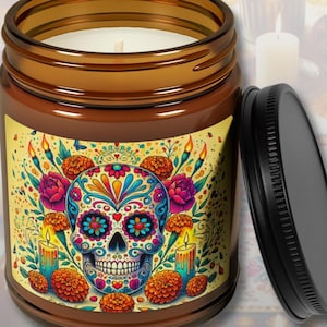 Day of the Dead Candle- Vibrant Sugar Skull Art- Dia de los Muertos Gift- Honor & Celebrate Tradition - Great Gift Idea, Amber Jar