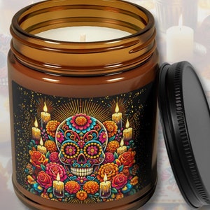 Day of the Dead Candle- Dia de los Muertos Skull Art - Vibrant Candle for Honoring & Celebrating Traditions - Great Gift Idea, Amber Jar