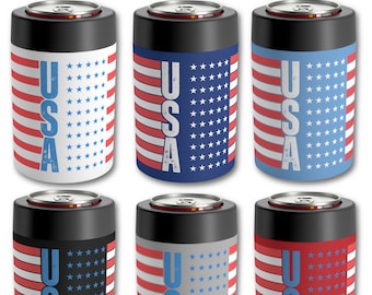 USA Flag Can Holder - Vacuum Stainless Steel Patriotic Drink Cooler, Perfect USA Gift- Holds Cans and Bottles. 6 colors.
