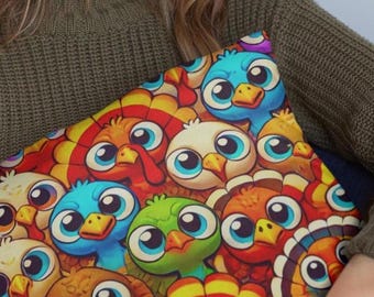 Colorful Thanksgiving Turkey Faces Throw Pillow Fun Bright Holiday Decor Cartoon Accent for Couch Chair Perfect Fall Home Celebration Gift